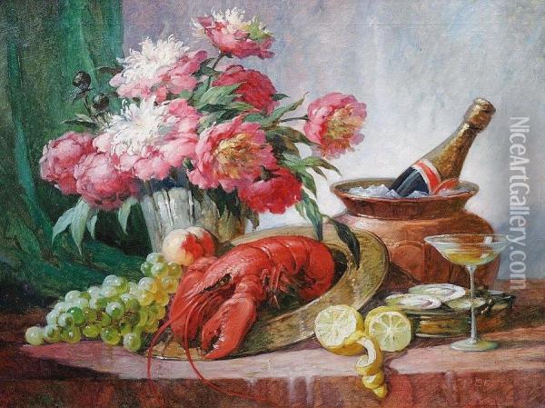 A Still Life With Peonies And A Lobster Oil Painting - Paul Gericke