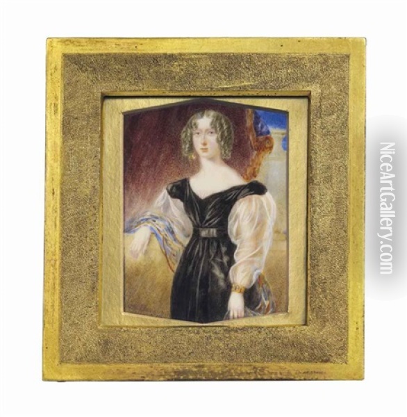Lady Emma Pennant, Nee Brudenell, In Black Dress With White Gauze Sleeves, A Coloured Shawl Draped Over Her Right Arm Which Rests On A Stone Wall, Her Left Hand, With Gold Wedding Band Oil Painting - William Egley