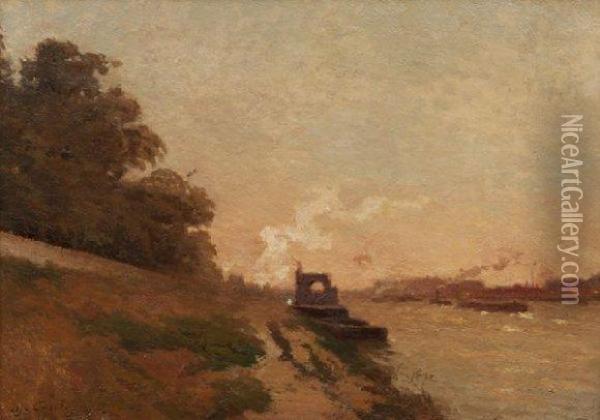 La Seine A Rouen Oil Painting - Alfred Casile