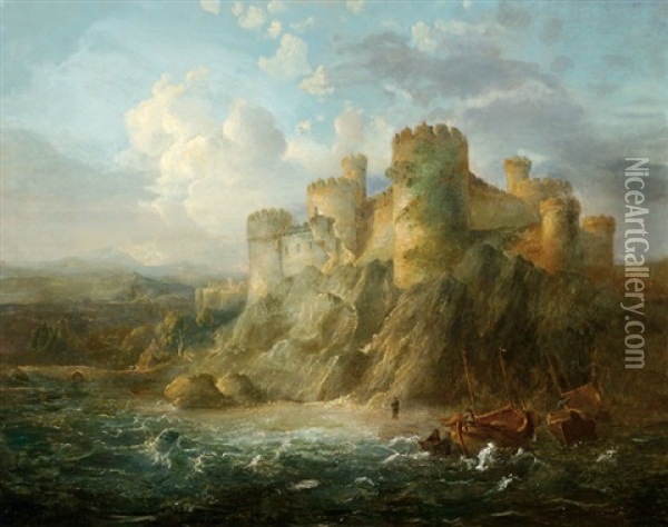 Ships On A Beach By A Castle On A Rock Oil Painting - Johannes Hilverdink