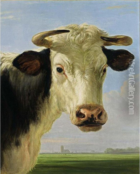 A Head Of A Bull With A View 
Over An Extensive Landscape Looking Towards The Grote Kerk Of Dordrecht Oil Painting - Jacob Van Stry