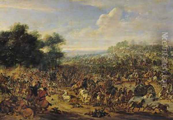 Battle near a Bridge Oil Painting - Adam Frans van der Meulen