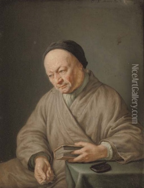 An Elderly Man Seated In A Beige Robe With A Black Cap, Holding A Book In His Left Hand And Glasses In His Right Oil Painting - Frans van Mieris the Elder