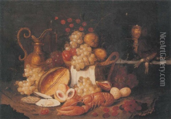 Still Life With A Lobster, Grapes, A Melon, Cherries, Plums And A Brass Jug Together With A Roemer Oil Painting - Jan Pauwel Gillemans The Elder
