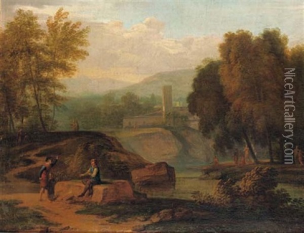 An Italianate Landscape With Figures Conversing On The Banks Of A River, Mountains Beyond Oil Painting - Jan Frans van Bloemen