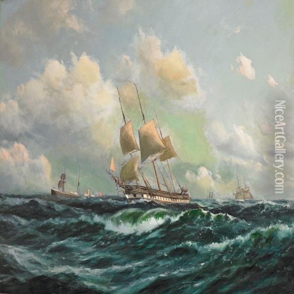 Frigate And Other Sailing Ships In High Sea Oil Painting - Peder Nielsen Foss