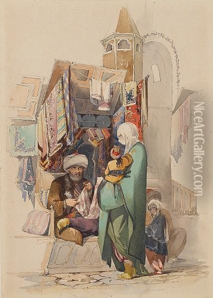 The Cloth Seller At The Bazaar Oil Painting - Amadeo Preziosi