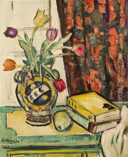 Still Life: Books And A Pear And Tulips In A Vase Oil Painting - George Leslie Hunter