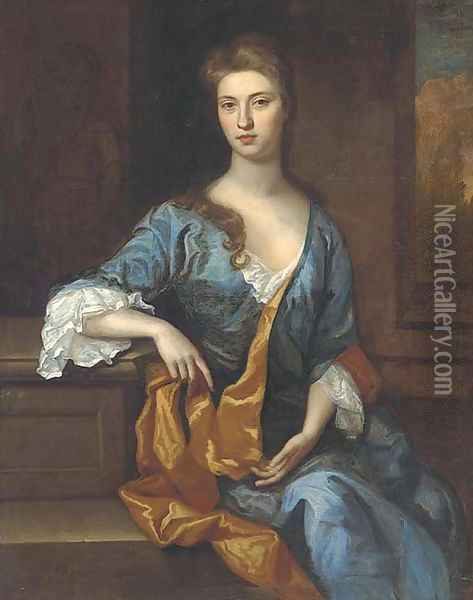 Portrait of a lady, seated three-quarter-length, in a blue dress and gold wrap, resting her arm on a plinth, a landscape beyond Oil Painting - Sir Godfrey Kneller
