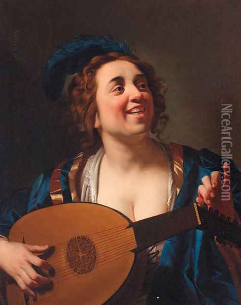 A woman playing the lute Oil Painting - Gerrit Van Honthorst