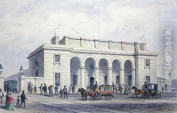 The South-Western Railway Station at Nine Elms Vauxhall, 1856 Oil Painting - Thomas Hosmer Shepherd