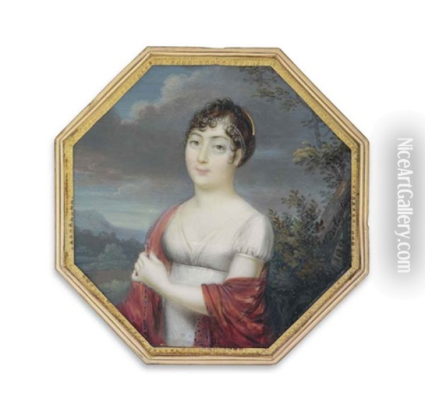 A Young Lady, In White Muslin Dress With Red Shawl Around Her Shoulders, Upswept Brown Curling Hair, Decorated With Two Strings Of Pearls Oil Painting - Jacques Delaplace