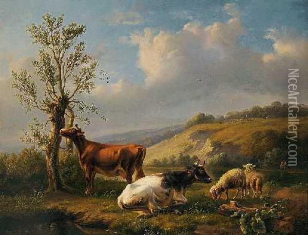 Weidelandschaft Mit Kuhen Und Schafen Oil Painting - Louis Pierre Verwee