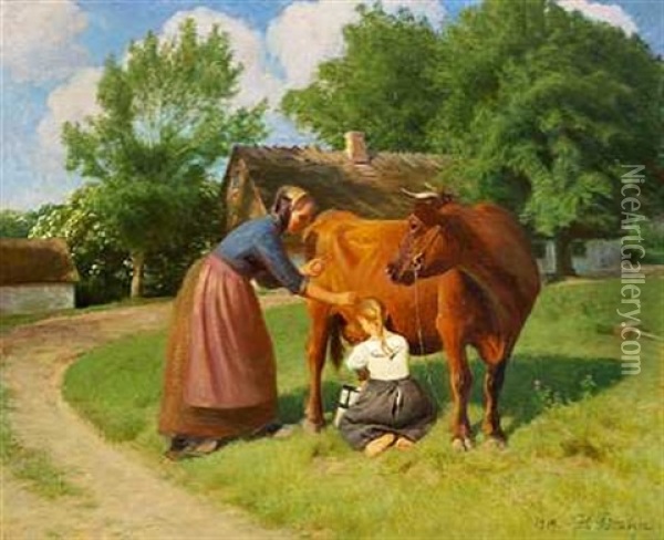 Ung Pige Der Laerer At Malke En Ko En Solrig Sommerdag Oil Painting - Hans Ole Brasen