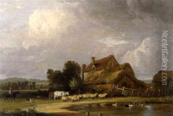 Teichlandschaft Mit Bauernhaus, Kuhen Und Schafen Oil Painting - Edmund Bristow