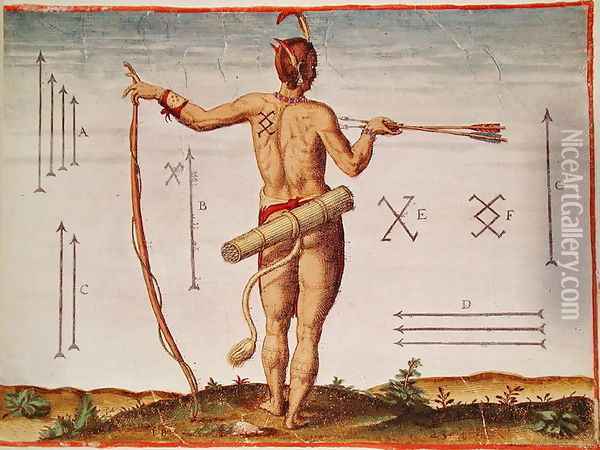Distinctive Markings of a Warrior of Virginia, from Admiranda Narratio.., engraved by Theodore de Bry (1528-98) 1585-88 Oil Painting - John White