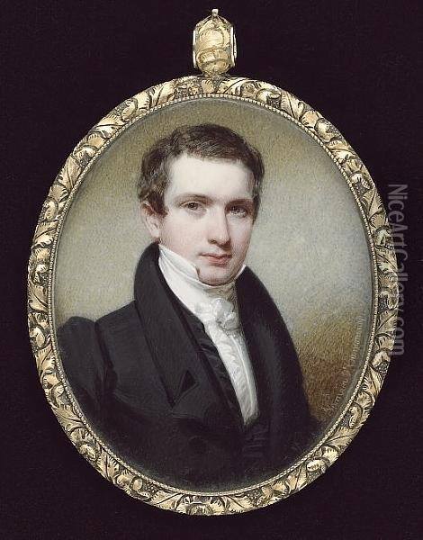 A Young Gentleman, Wearing Black Coat, Matching Waistcoat, Frilled White Chemise And Tied Stock Oil Painting - Henry Inman