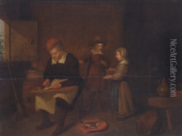 An Interior With A Man Preparing Herrings, A Young Boy And Girl Beyond Oil Painting - Quiringh Gerritsz van Brekelenkam
