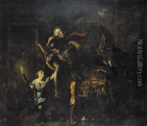 Aeneas Rescuing Anchises And Ascanius From The Sack Of Troy Oil Painting - Giovanni Lanfranco