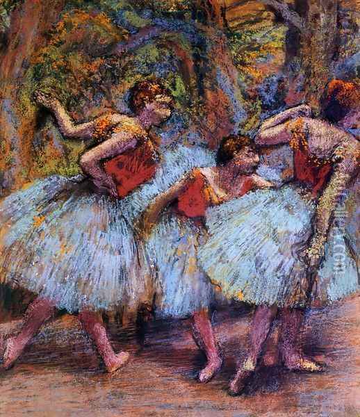 Three Dancers, Blue Skirts, Red Blouses Oil Painting - Edgar Degas