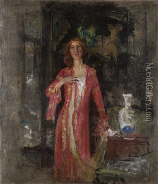 The Model Kathleen Kearney In Red Evening Dress Oil Painting - Sarah Henrietta Purser