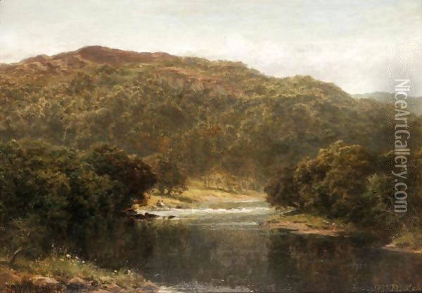A Welsh River Oil Painting - Benjamin Williams Leader