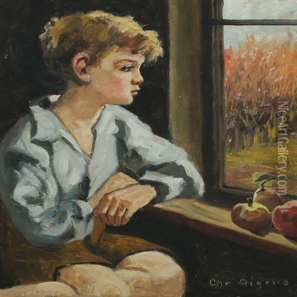 A Boy Sitting By The Window Oil Painting - Christian Aigens