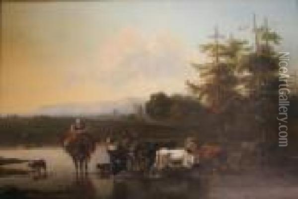 Peasants With Cattle At A Country Pool Bears Signature Verso Oil Painting - Nicolaes Berchem