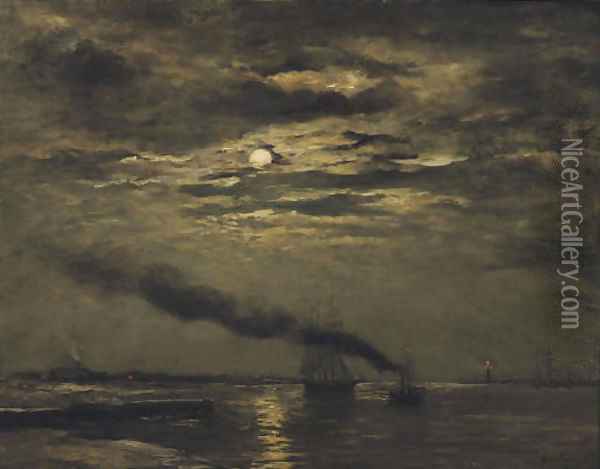 Maaneffect entering the harbour by moonlight Oil Painting - Hendrik Willem Mesdag