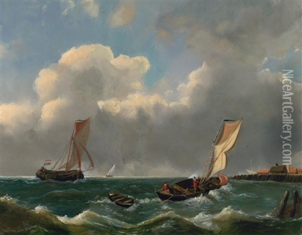 Boote Vor Hafeneinfahrt In Holland Oil Painting - Petrus Jan (Johannes) Schotel