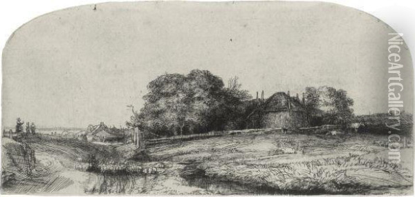 Landscape With Haybarn And A Flock Of Sheep Oil Painting - Rembrandt Van Rijn