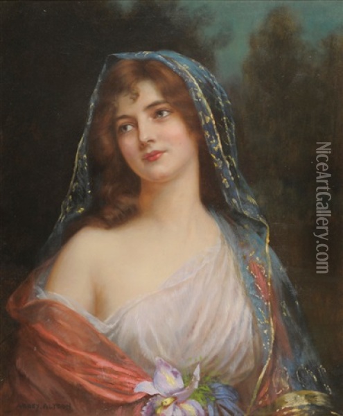 Iris (portrait Of A Girl Wearing A Cream Dress And Blue And Gold Embroidered Shawl) Oil Painting - Abbey Altson