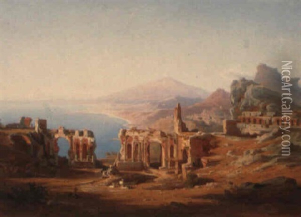 A View Of Taormina, Sicily Oil Painting - Johann Jakob Frey