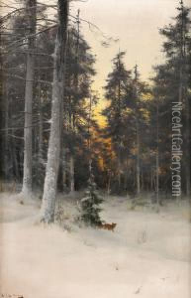Rav I Vinterlandskap Oil Painting - Arvid Mauritz Lindstrom