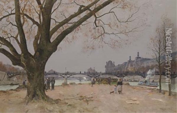 Le Pont Des Arts With The Musee Du Louvre, Paris Oil Painting -  Marcel-Lenoir (Jules Oury)
