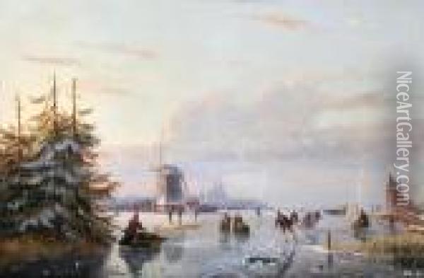 Dutch Winter Scene With Figures Skating Oil Painting - Nicholas Jan Roosenboom