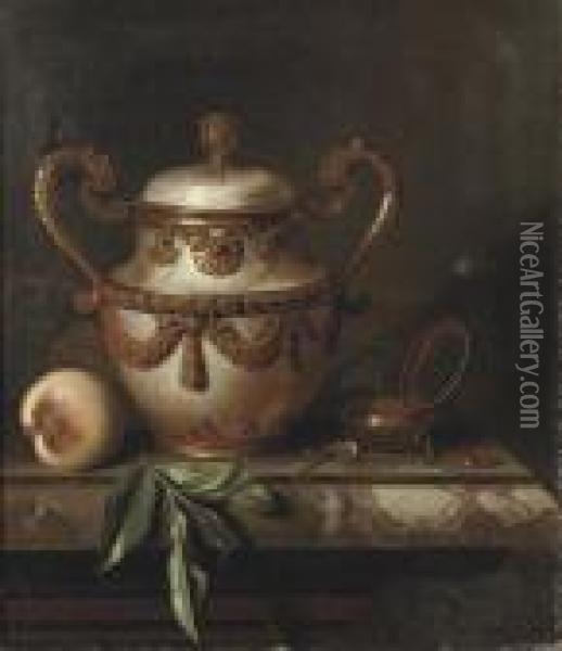 An Eleborately Decorated Vase, A Pocket Watch And A Peach On A Marble Ledge Oil Painting - Pieter Gerritsz. van Roestraten