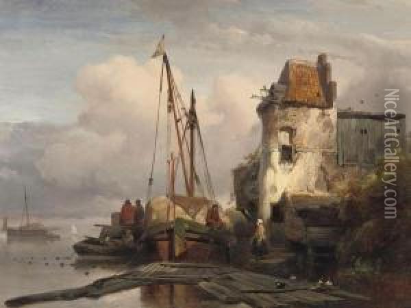 Unloading The Cargo At The Quay Oil Painting - Wijnandus Johannes Josephus Nuijen