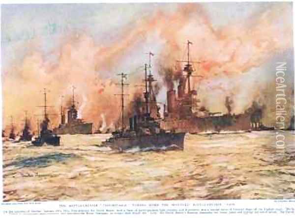 The Battle Cruiser Indomitable towing home the wounded Battle Cruiser Lion Oil Painting - Charles Edward Dixon