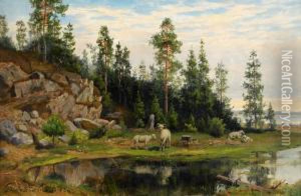 Kustlandskap Med Skogsdunge Och Far Oil Painting - Jacob Johan Silven