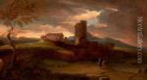 L'arrivee De L'orage Au - Dessus D'un Chateau Au Crepuscule Oil Painting - Jean Antoine Constantin D'Aix