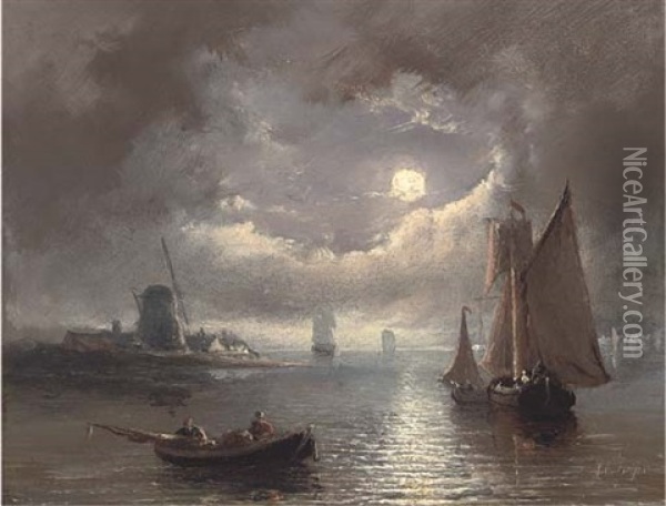 Barges On The Estuary, By Moonlight Oil Painting - Johannes Coenraad Beyer
