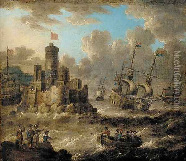 Dutch men-o'-war in choppy seas near an island fort Oil Painting - Petrus van der Velden