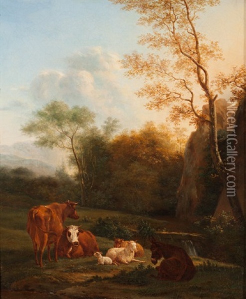 Landschaft Mit Esel, Kuhen Und Schafen Oil Painting - Karel Dujardin