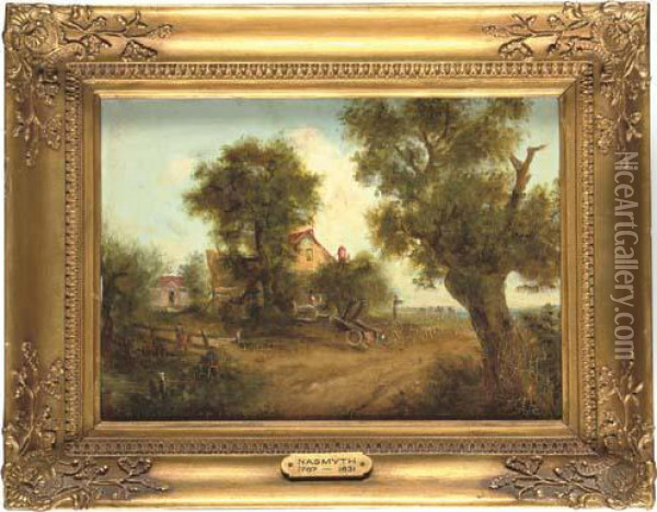 Wooded Landscape With A Cottage And Figures On A Path Oil Painting - Patrick, Peter Nasmyth