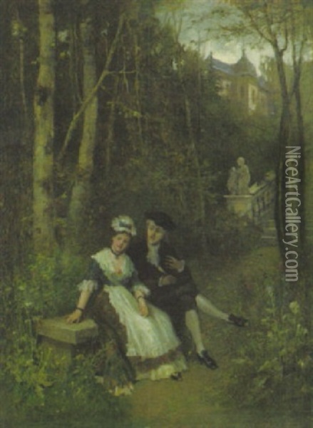 Kavalier Und Dame Im Schlospark Auf Einer Steinbank Beim Stelldichein Oil Painting - Friedrich August von Kaulbach