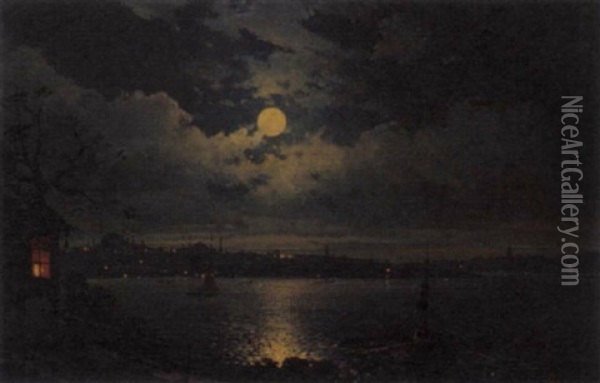 The Bosphorus By Moonlight Oil Painting - Mo Givanian