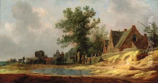 Travellers on a flooded path in a landscape, an inn beyond Oil Painting - Pieter de Neyn