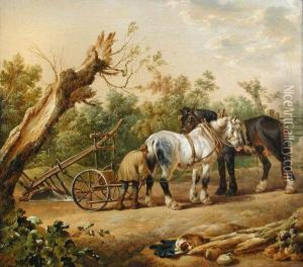 Afarmer Coupling His Horses To The Plough Oil Painting - Charles Towne