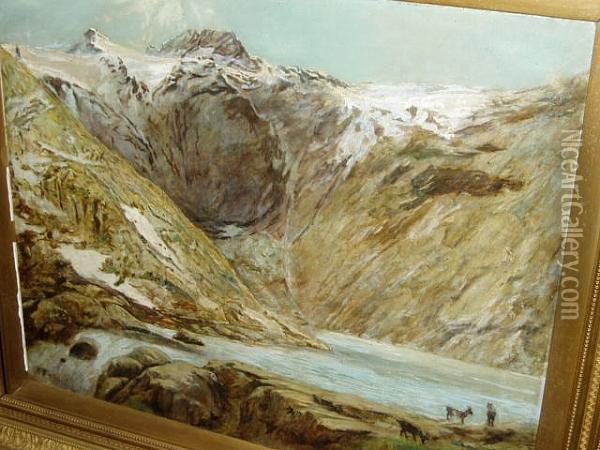 Goats In A Mountainous Lake Landscape Oil Painting - Walter Daniel Batley